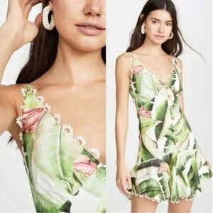 FARM Rio Green and Pink Tropical Leaf Mini Dress